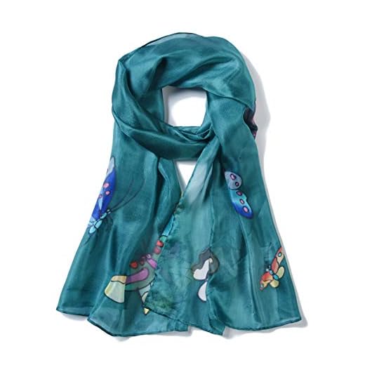 Invisible World Pañuelo Cabeza de Seda Foulard de Pelo Ligera Pintado a Mano para Mujer Mariposa Verde Azulado