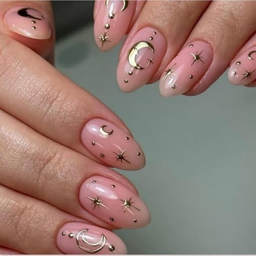 Image of Star Press on Nails Nude Fake Nails Medium Almond False Nail with Design Gold Moon Glue on Nails Artificial Acrylic Nail Full Cover Stick on Nail for Women Girls Manicure 24pcs