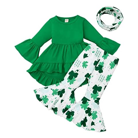 Gushehua Toddler ST Patrick's Day Clothing Sets Kids Baby Girls Long Sleeve Tops Dress+ Four-leaf Clover Legging Outfit, Green, 12-18Months Cover