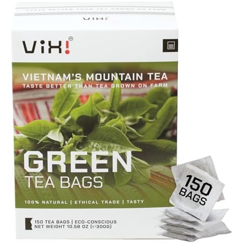 VIXI Green Tea Bags, 150 Counts, Vietnam's Mountain Tea, Antioxidant, Caffeinated, Tagless, Balanced Taste, 100% Natural from Ancient Tea Tree, Perfect for Hot and Cold Brew Cover