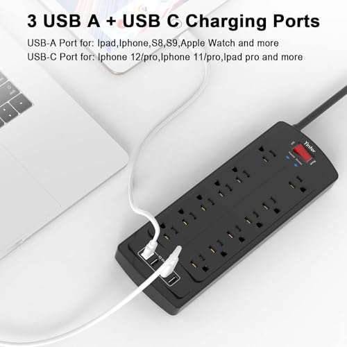 Image of 6 Feet Extension Cord Power Strip, Yintar Surge Protector with 12 AC Outlets and 4 USB Ports, 2700 Joules, ETL Listed, Black