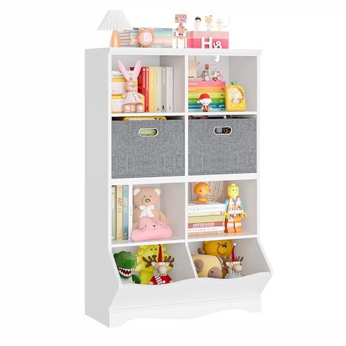 HOCSOK kinderregal, Bücherregal Kinder mit 8 Ablagefächern und 2 Stoffschubladen, Spielzeugregal kinderzimmer für Schlafzimmer Kindergarten, Weiß, 116x67x40cm