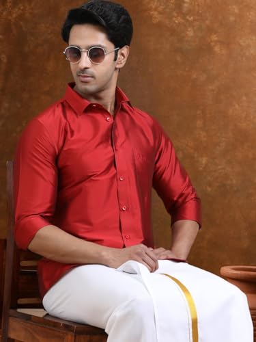 Image of Tattva Men Silk Blend Ethnic Shirt | Traditional South Indian Wear for Wedding, Festivals & Casual Wear