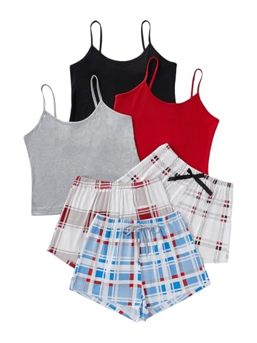 GORGLITTER Women's 6 Pack Pajama Set Spaghetti Strap Cami Top and Plaid Shorts Set