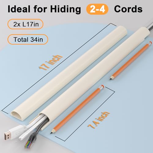 Image of ZhiYo 34in Cord Hider for 2-4 Wall-Mounted TV Wires, 1.4 inch W x 0.7 inch H, Beige | Split-Hinge Design for Easy Installation, Half-Round Glazed Finish Ideal for Wall /Baseboard, Self-Adhesive, 2 Pack (17 inch Each)