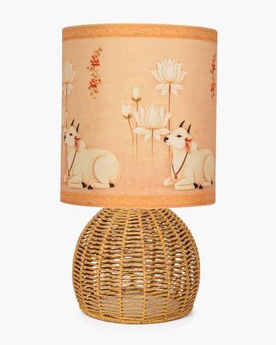 Image of Homesake Handwoven Rattan Table Lamp with Pichwai Art Printed Fabric Shade, Decorative Raffia Cane Bedside Lamp, Boho Table Lamp with E27 Holder & Bulb Included, Living Room, Bedroom & Home Decor