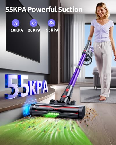 Image of Cordless Vacuum Cleaner, 55KPa 650W Powerful Stick Vacuum for Home, 60Mins Runtime, 1.8L XL Dust Cup One-Touch Empty, Green LED Anti-Tangle Brush & Fragrance, for Pet Hair Carpet Hard Floor