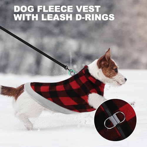 Image of Mihachi Dog Fleece Vest Sweater Zip Up Warm Pullover Step-in Dog Jacket with Dual D-Ring Leash, Winter Cold Weather Reflective Coat Clothes Hoodie for Small Medium Dogs Puppy Cat Boy Girl,Plaid L