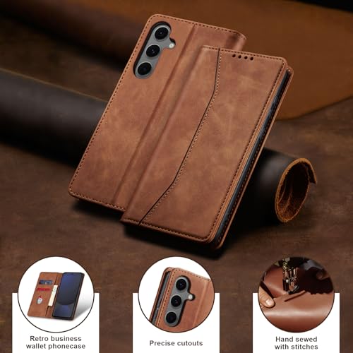 Image of Jasonyu Flip Wallet Case for Samsung Galaxy S24 FE,Leather Magnetic Folio Cover with Card Holder,Kickstand - TPU Shockproof Durable Protective Phone Case,Brown