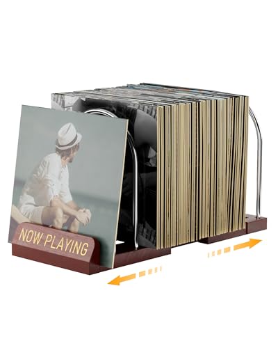 BS-VOG Schallplatten Aufbewahrung, erweiterbarer Schallplattenständer für 30-70 LPs, Now Playing Plattenständer, Vinyl Halter aus Holz & Metall, für Zuhause & Musikliebhaber