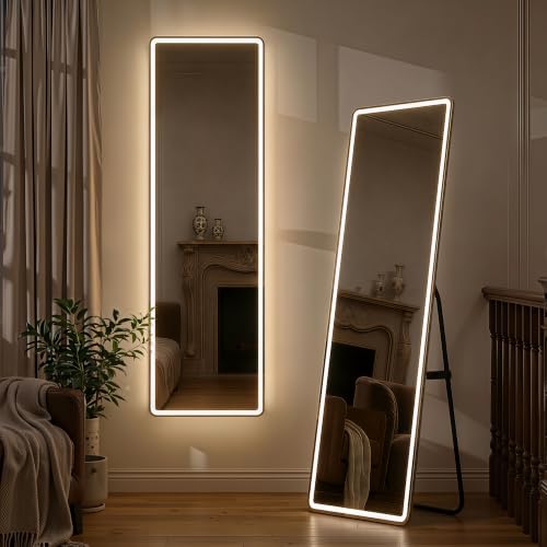 Full Length Mirror with LED Lights, 60"x16"Floor Mirror with Dimming & 3 Color Lighting, Free Standing Floor Mirrors, Lighted Full Body Mirrors for Bedroom, Dressing Room, Cloakroom