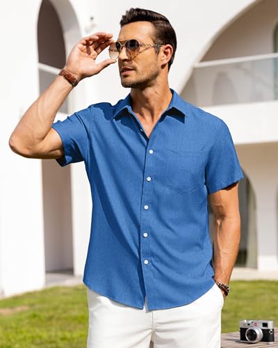 Image of Alimens & Gentle Mens Linen Shirts Short Sleeve Button Down Shirts Wrinkle Free Casual Vacation Beach Summer Tops