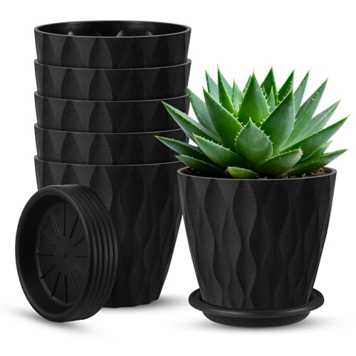 ITClosud 6er Blumentopf Set 12.6CM, Hochwertige Plastik-Blumentöpfe, Übertopf mit Untersetzer und Drainagelöchern, Für Innen und Balkongärten, Langlebig und Pflegeleicht, Schwarz
