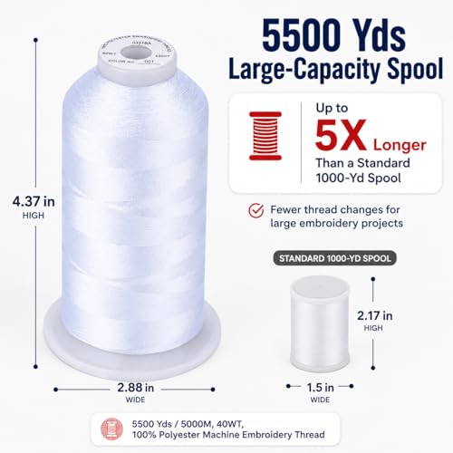 Image of Simthread Embroidery Machine Thread 5000M 40WT Polyester, White 001 | 5000M 40WT polyester thread feeds smoothly for home or commercial embroidery projects.