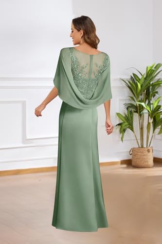 Women's Cape Sleeve Mother of The Bride Dresses Long Satin Lace Appliques Formal Dress for Wedding3