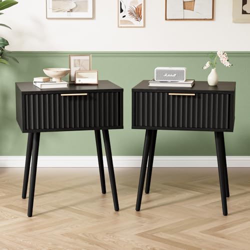 Image of VINGLI Nightstands Set of 2, Fluted Night Stand with Drawer, Bedside Table, Wood Nightstand for Bedroom, Mid Century Modern End Tables, Black, 18.9 inch W*14.96 inch D*24 inch H