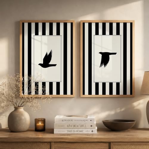 Image of Suneree Flying Birds Wall Art Set of 2 Framed Paintings | Black White Striped Minimal Bird Silhouette Poster | Living Room Bedroom Home Decor (Art 2, 13x19 Inches)