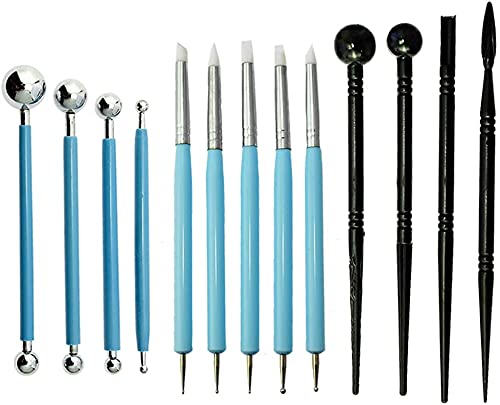 DEZIINE® 13pcs Polymer Modeling Clay Sculpting Tools, Dotting Pen, Silicone Tips, Ball Stylus, Pottery Ceramic Clay Indentation Tools Set Also for Cake Fondant Decoration and Nail Art