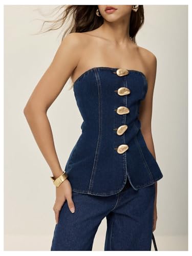 Milumia Women's Metal Button Front Denim Tube Top Elegant Sleeveless Bandeau Tops2