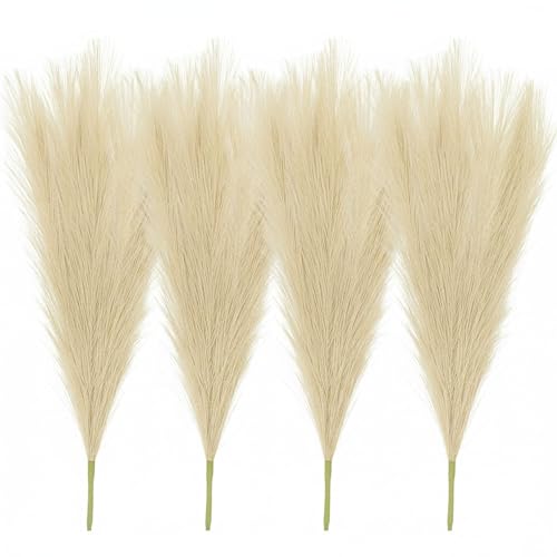 Image of Pack of 4 Pcs Artificial Flowers Faux Pampas Grass Small Fake Flower Plant for Home Decor, Office, Bedroom, Living Room, Table Decoration, Dried Plants (Without Vase Pot) (Off White)