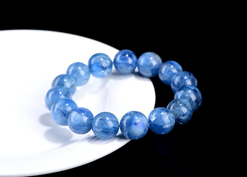 Pulsera de Cuentas Redondas de Cristal de cianita Azul-Verde Natural – Patrón de Flores flotantes, Pulsera elástica de cianita simbiótica de Mina Antigua,16~16.8mm