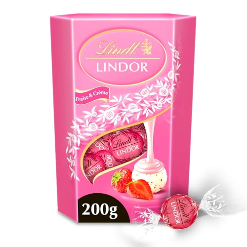 Lindt - Cornet LINDOR - Chocolat à la Fraise et Crème - Cœur Fondant, 200g