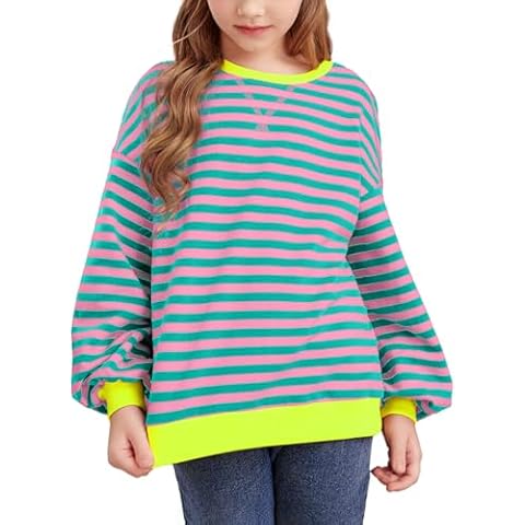 blibean Tween Girls Fall Long Sleeve Cotton Sweatshirt Big Kid Striped Color Block Loose Shirt Little Girl Casual Crewneck Pullover Tunic Tops Clothes Size 10-11 Year Old Pink Cover