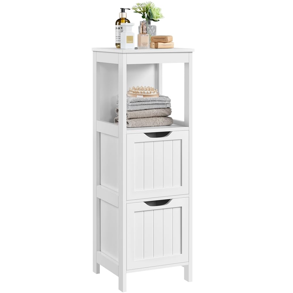 Yaheetech Meuble Rangement Salle de Bain 30 x 30 x 89 cm Blanc | Colonne Salle de Bain, Armoire Toilette avec à 2 Tiroirs et 1 Compartiment Ouvert, pour Salle de Bain, Salon, Cuisine