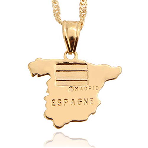 VAWAA Unisexe Espagne Carte Drapeau Pendentifs Collier Carte Or Pur Couleur Chaîne Bijoux Espagnol Cadeau Articles