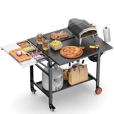 Pizza Oven Table for Ooni Pizza Ovens, Grill Cart Table with Topping Station, Pizzas Stands with Wheels, Expansive Countertop Pizzas Oven Accessories for Party Fits Blackstone Ninja Cuisinart Gozney