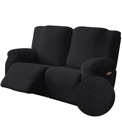 Image of Genina Recliner Loveseat Covers, Stretch Reclining Sofa Covers, 2 Seater Couch Cushion Stripe Jacquard Recliner Slipcovers - Furniture Protector Covers for Pet Kid (Black)