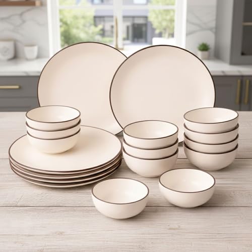 Image of Freakway Minimalist Cream Ceramic Dinnerware Set - 18 Piece(6 Dinner Plates +12 Bowls) Stoneware Dishes with Hand-Painted Brown Rim - Service for 6 - Microwave & Dishwasher Safe-Ivory White