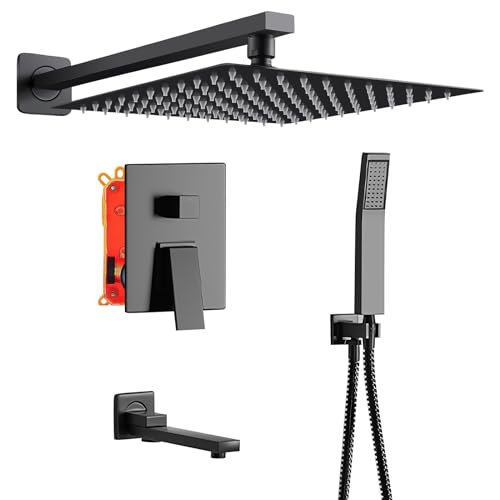 DELURA Système de Douche Encastré Ensemble de Douche Noir Colonne Douche Encastrable Set de Douche avec Carrée 25x25cm Pommeau de Douche Pluie, Douchette