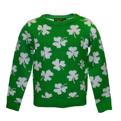 Traditional Craft Green Shamrock Kids Jumper Irish Sweater Nature Lover Gift for Children 100% Acrylic (US, Age, 5 Years, 6 Years, Green)