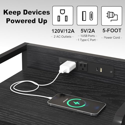 Image of Fixwal Night Stand for Men Bedroom with 2 Fabric Storage Drawers and Shelves, Nightstand with Charging Station & LED Lights, Black