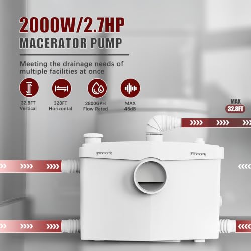 Image of 2000W Macerator Pump, 2.5HP Macerating Toilet System with 2 Outlets /4 Inlets, Sewage Pump for Basement, Sink, Toilet, Laundry, Kitchen