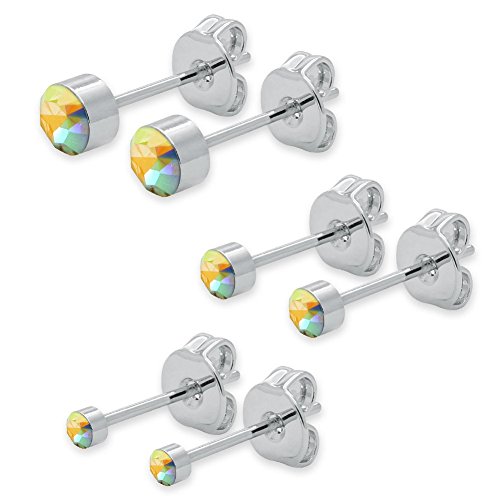 Soul-Cats ®3 par de aretes de diamantes de imitación de acero inoxidable SET arco iris arco iris, de color arco iris