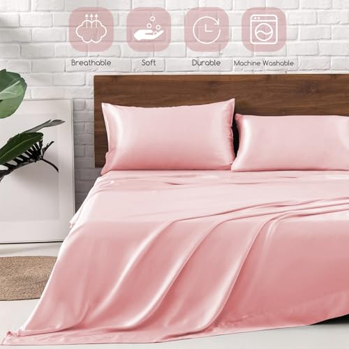Image of MR&HM Satin Bed Sheets, Full Size Sheets Set, 4 Pcs Silky Bedding Set with 15 Inches Deep Pocket for Mattress (Full, Light Pink)