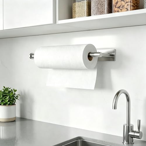 Image of Paper Towel Holder Under Cabinet, Self Adhesive Paper Towel Roll Holder Stick on Wall, Stainless Steel Towel Bars for Kitchen, Bathroom, RV