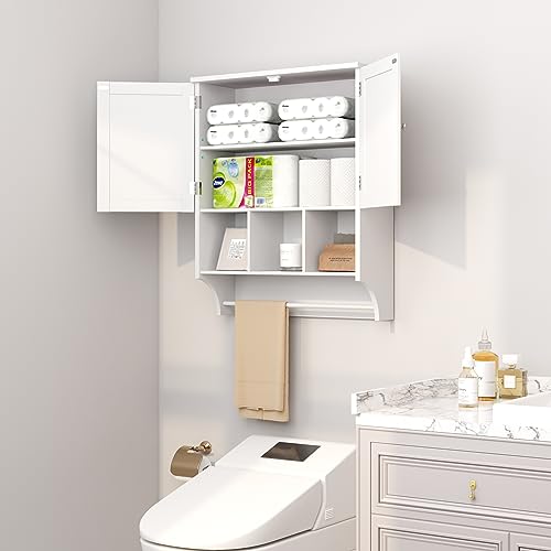 HOMEFORT-Bathroom-Wall-Cabinet-Medicine-Cabinets-Over-The-Toilet-Storage-Cabinet-with-Towels-Bar-2-Door-Adjustable-Shelves-Large-Space-for-Bathroom-Wall-Mounted-White HOMEFORT Bathroom Wall Cabinet Medicine Cabinets Over The Toilet Storage Cabinet with Towels Bar 2 Door Adjustable Shelves Large Space for Bathroom Wall Mounted White