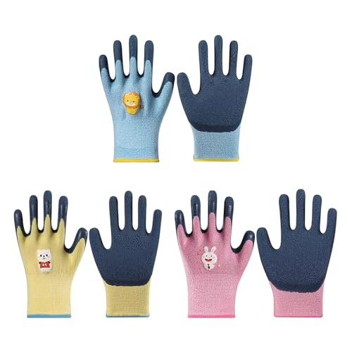 KRYMSON 3 Paar Kinderhandschuhe, Gartenhandschuhe, Tierhaltungshandschuhe, Hausarbeitshandschuhe, Rutschfeste Latexhandschuhe, Unisex-Handschuhe Für 6 Bis 9 Jahre (Rosa, Blau, Gelb)