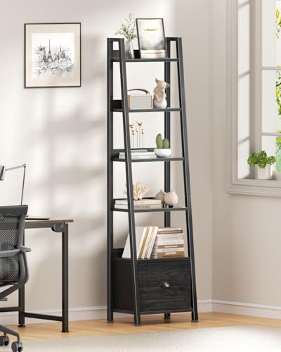 Image of Furologee 6 Tier Ladder Shelf,Ladder Bookshelf with Drawer,Industrial Tall Bookcase,Storage Rack Organizer,Wood Metal Freestanding Shelves for Living Room, Home Office, Bedroom,Black Oak
