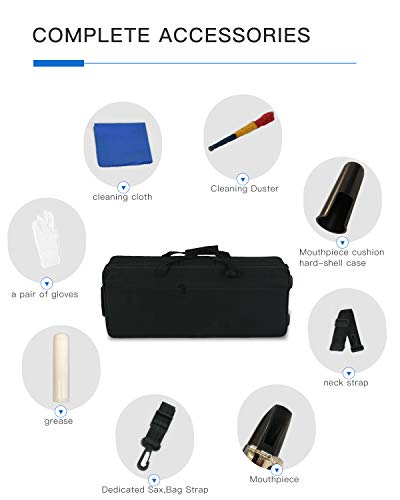 LAGRIMA Bb Alto Saxophone, Brass Body Mother-of-pearl Buttons, Carrying Case, Reed, Mouthpiece, Throat Pad, Neck Strap, Gloves and Cleaning Cloth (Blue)
