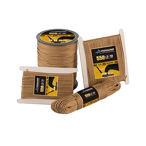 FISHLUND Paracord - Cuerda de paracaídas tipo III de 7 hebras de 550 libras, 250 pies, 4 mm, cuerda de paracaídas de nailon de alta resistencia para camping, supervivencia, táctica y senderismo, color