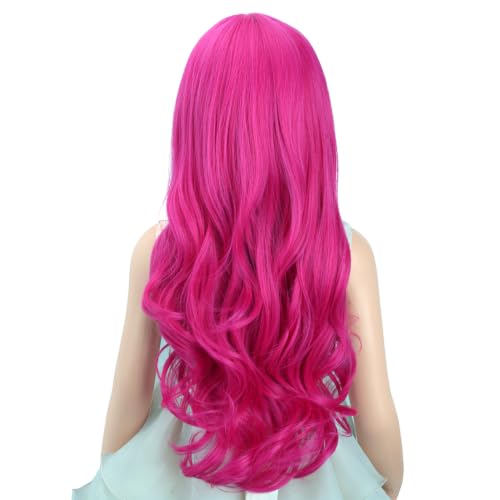 Image of PATTNIUM Hot Pink Wig for Kids Child Long Wavy Curly Wig Girls Neon Pink Wigs Magenta Wigs Rose Pink Cosplay Party Synthetic Hair