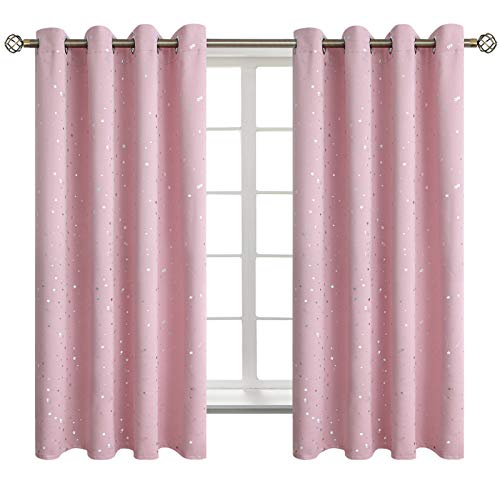 Image of BGment Kids Blackout Curtains for Bedroom - Grommet Thermal Insulated Silver Star Print Room Darkening Curtains for Kids Room, Set of 2 Panels, 52 x 63 Inch, Baby Pink