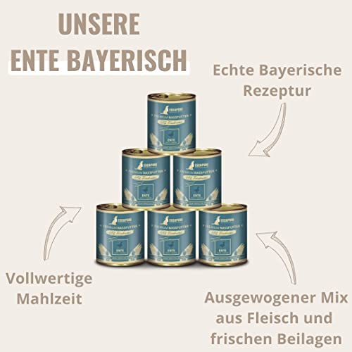 Escapure Nassfutter Ente Menü 6 x 800g Dose - 91,9% Entenfleisch Hundefutter - Dosenfutter Duck ohne Zusatzstoffe - Alleinfuttermittel für ausgewachsene Hunde frei von Getreide