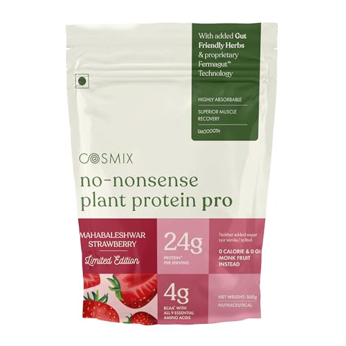 Image of Cosmix No-Nonsense Plant Protein Pro | 24g Plant Protein /Serve | Mahabaleshwar Strawberry | Clean Vegan Yeast Protein | Gut-Friendly | Easy to Digest | All Essential Amino Acids | Made with Real Mahabaleshwar Strawberries | 500gm