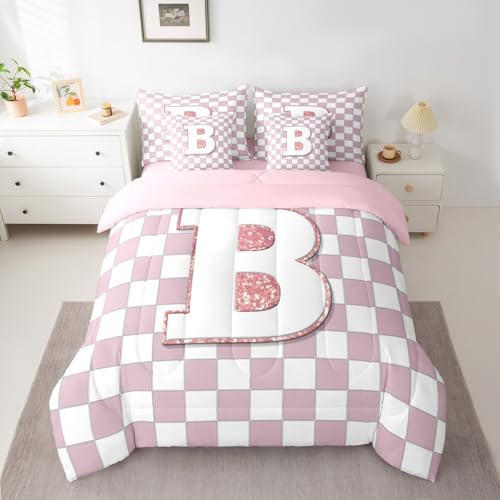 Image of Erosebridal Pink Initial B King Comforter Set with Sheets 7 Piece Kawaii Plaid Checkered Bed in A Bag Cute Personalized Monogram Bedding Sets for Kids Girls Teen Women,Fashion Grids Gingham Bed Set