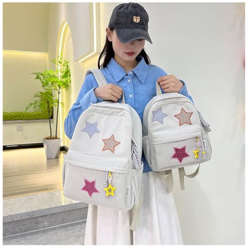 Stars Star Patch Backpack with Chic Case for Women Korean Corduroy Large Capacity Bag Daypack for Travel Sport (Khaki,Large)2